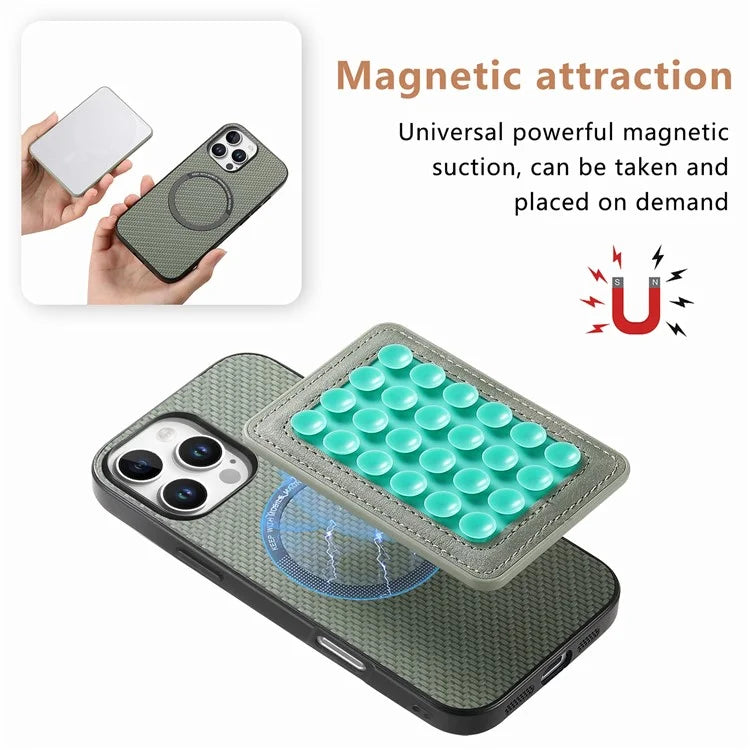For iPhone 16 Pro Max Case Carbon Fiber Texture Leather Back Cover with Magnetic Detachable Suction Cup