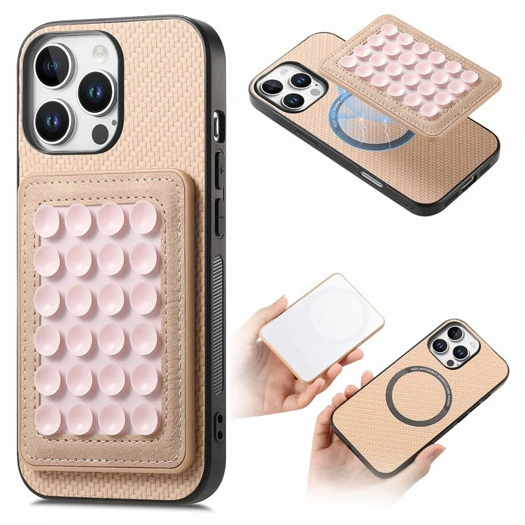 For iPhone 16 Pro Max Case Carbon Fiber Texture Leather Back Cover with Magnetic Detachable Suction Cup