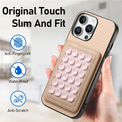 For iPhone 16 Pro Max Case Carbon Fiber Texture Leather Back Cover with Magnetic Detachable Suction Cup