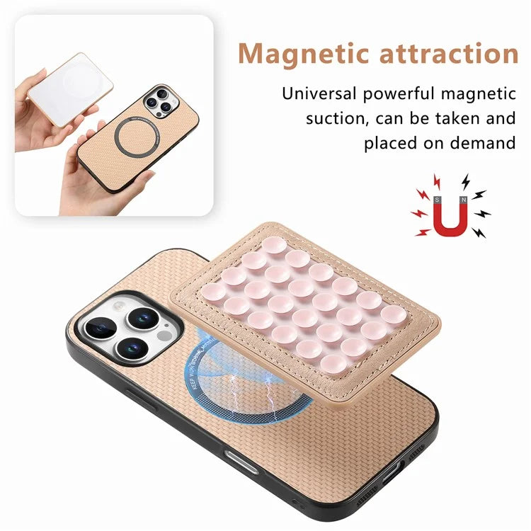 For iPhone 16 Pro Max Case Carbon Fiber Texture Leather Back Cover with Magnetic Detachable Suction Cup