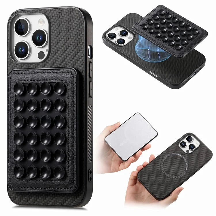 For iPhone 16 Pro Max Case Carbon Fiber Texture Leather Back Cover with Magnetic Detachable Suction Cup