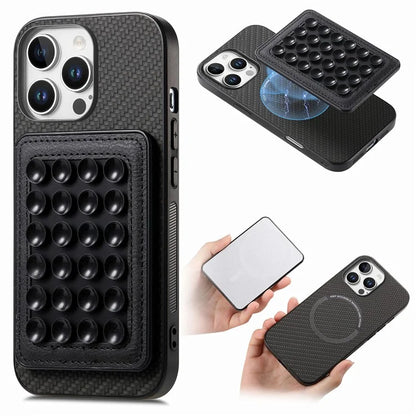 For iPhone 16 Pro Max Case Carbon Fiber Texture Leather Back Cover with Magnetic Detachable Suction Cup