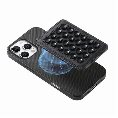 For iPhone 16 Pro Max Case Carbon Fiber Texture Leather Back Cover with Magnetic Detachable Suction Cup