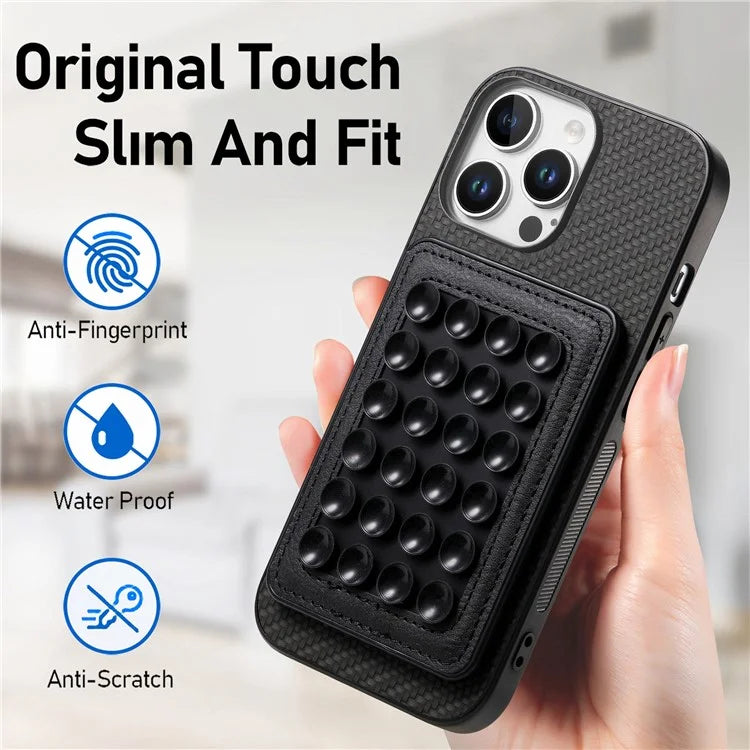 For iPhone 16 Pro Max Case Carbon Fiber Texture Leather Back Cover with Magnetic Detachable Suction Cup