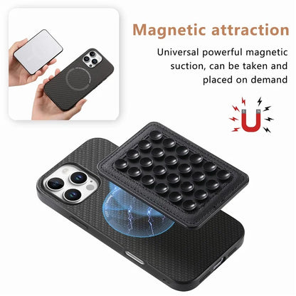 For iPhone 16 Pro Max Case Carbon Fiber Texture Leather Back Cover with Magnetic Detachable Suction Cup