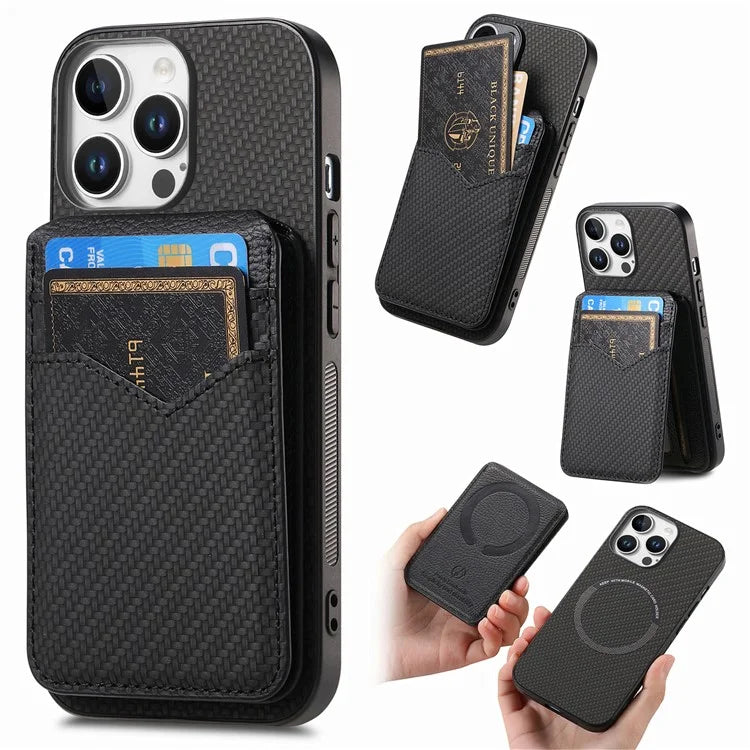 For iPhone 16 Pro Max Case Carbon Fiber Texture Leather+TPU Kickstand Phone Cover Detachable Card Holder
