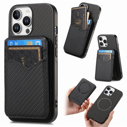 For iPhone 16 Pro Max Case Carbon Fiber Texture Leather+TPU Kickstand Phone Cover Detachable Card Holder