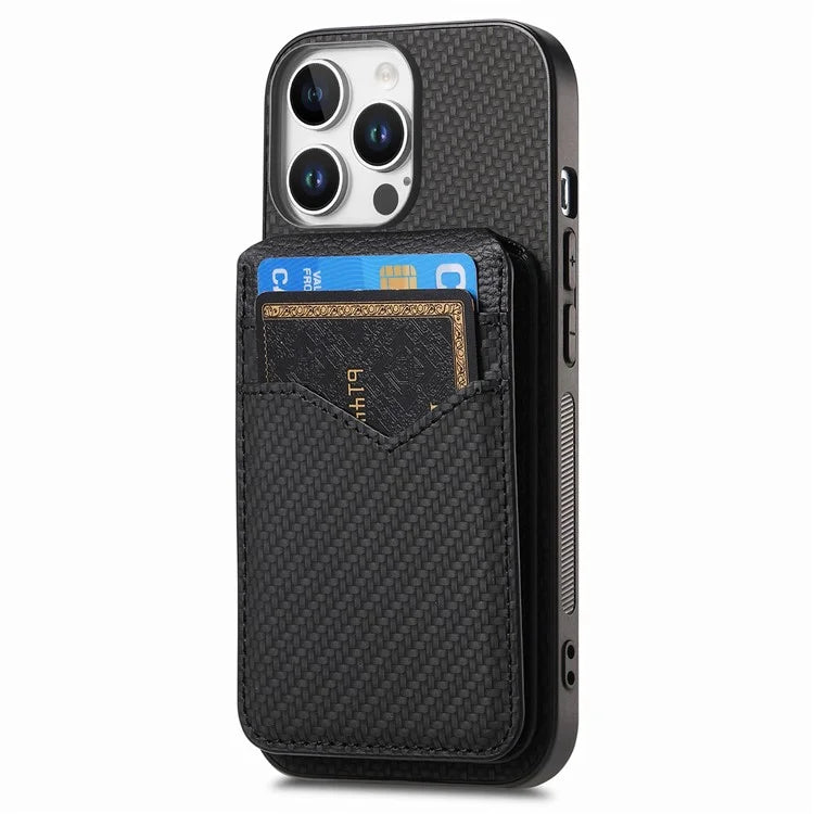 For iPhone 16 Pro Max Case Carbon Fiber Texture Leather+TPU Kickstand Phone Cover Detachable Card Holder