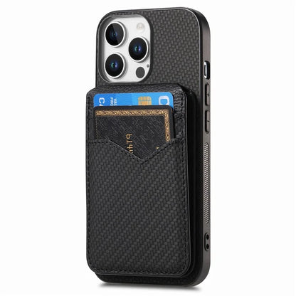 For iPhone 16 Pro Max Case Carbon Fiber Texture Leather+TPU Kickstand Phone Cover Detachable Card Holder