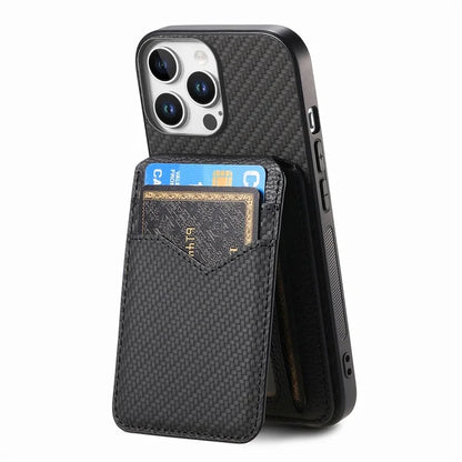 For iPhone 16 Pro Max Case Carbon Fiber Texture Leather+TPU Kickstand Phone Cover Detachable Card Holder