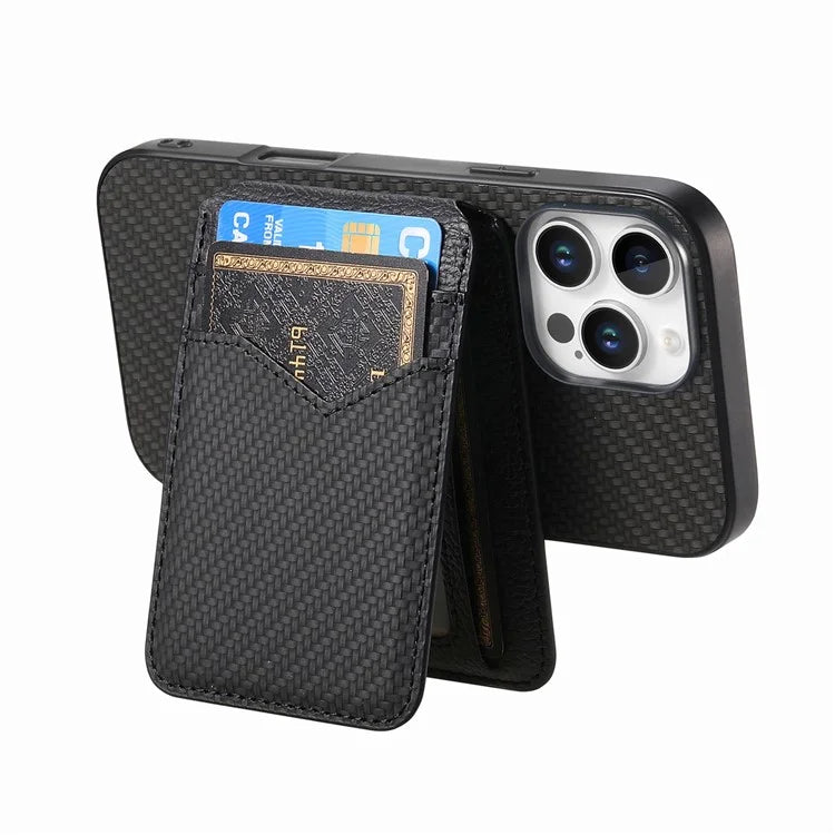 For iPhone 16 Pro Max Case Carbon Fiber Texture Leather+TPU Kickstand Phone Cover Detachable Card Holder