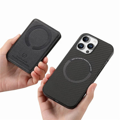 For iPhone 16 Pro Max Case Carbon Fiber Texture Leather+TPU Kickstand Phone Cover Detachable Card Holder