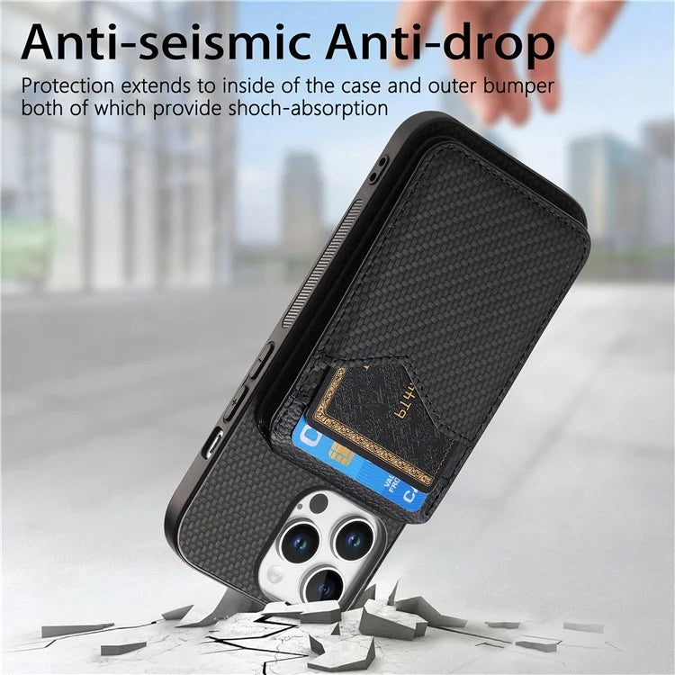 For iPhone 16 Pro Max Case Carbon Fiber Texture Leather+TPU Kickstand Phone Cover Detachable Card Holder