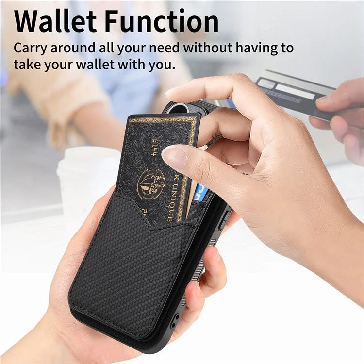 For iPhone 16 Pro Max Case Carbon Fiber Texture Leather+TPU Kickstand Phone Cover Detachable Card Holder