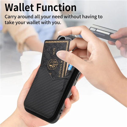 For iPhone 16 Pro Max Case Carbon Fiber Texture Leather+TPU Kickstand Phone Cover Detachable Card Holder