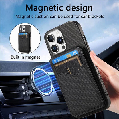 For iPhone 16 Pro Max Case Carbon Fiber Texture Leather+TPU Kickstand Phone Cover Detachable Card Holder