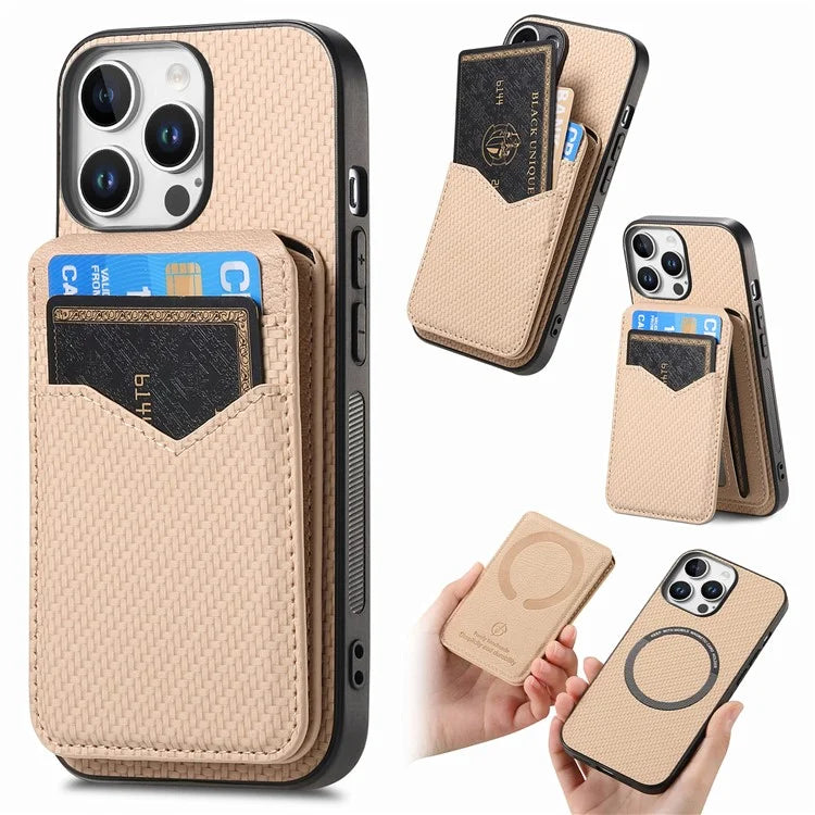 For iPhone 16 Pro Max Case Carbon Fiber Texture Leather+TPU Kickstand Phone Cover Detachable Card Holder