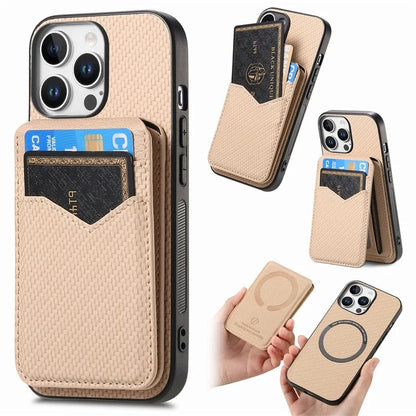 For iPhone 16 Pro Max Case Carbon Fiber Texture Leather+TPU Kickstand Phone Cover Detachable Card Holder