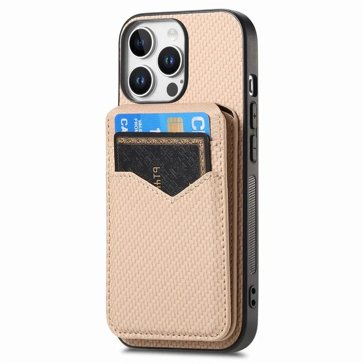 For iPhone 16 Pro Max Case Carbon Fiber Texture Leather+TPU Kickstand Phone Cover Detachable Card Holder