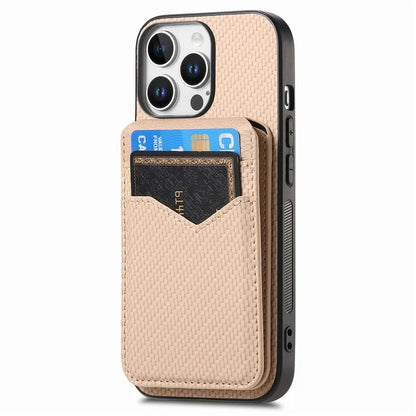 For iPhone 16 Pro Max Case Carbon Fiber Texture Leather+TPU Kickstand Phone Cover Detachable Card Holder
