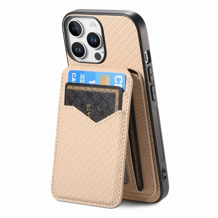 For iPhone 16 Pro Max Case Carbon Fiber Texture Leather+TPU Kickstand Phone Cover Detachable Card Holder