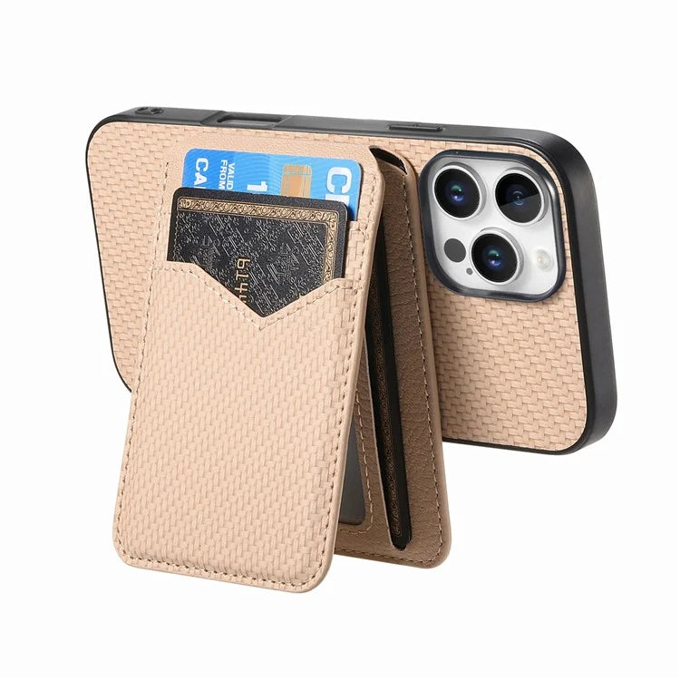For iPhone 16 Pro Max Case Carbon Fiber Texture Leather+TPU Kickstand Phone Cover Detachable Card Holder