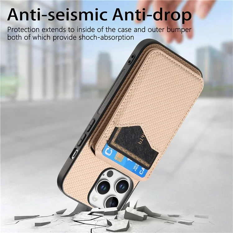 For iPhone 16 Pro Max Case Carbon Fiber Texture Leather+TPU Kickstand Phone Cover Detachable Card Holder