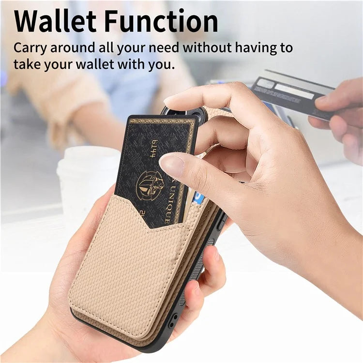 For iPhone 16 Pro Max Case Carbon Fiber Texture Leather+TPU Kickstand Phone Cover Detachable Card Holder