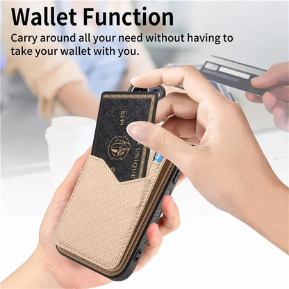 For iPhone 16 Pro Max Case Carbon Fiber Texture Leather+TPU Kickstand Phone Cover Detachable Card Holder