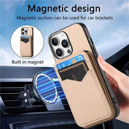 For iPhone 16 Pro Max Case Carbon Fiber Texture Leather+TPU Kickstand Phone Cover Detachable Card Holder