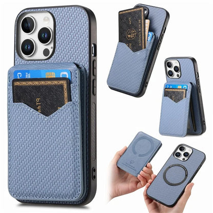 For iPhone 16 Pro Max Case Carbon Fiber Texture Leather+TPU Kickstand Phone Cover Detachable Card Holder