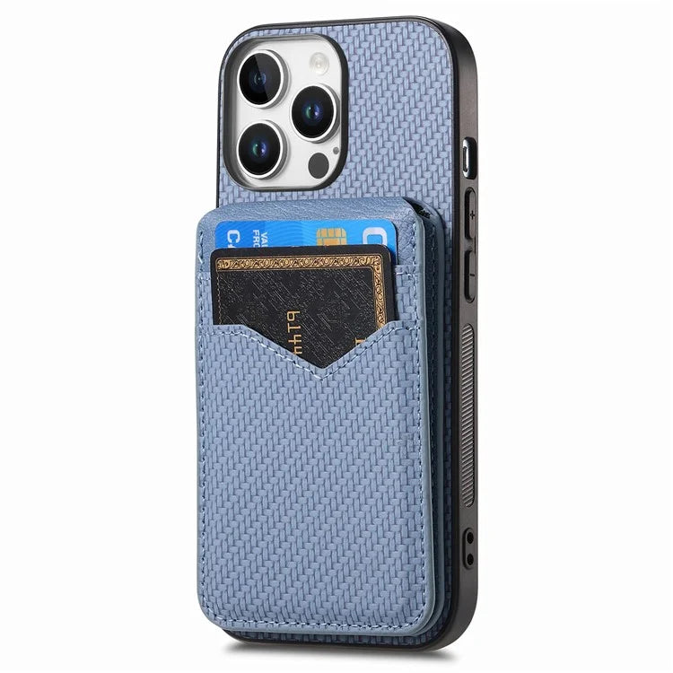 For iPhone 16 Pro Max Case Carbon Fiber Texture Leather+TPU Kickstand Phone Cover Detachable Card Holder
