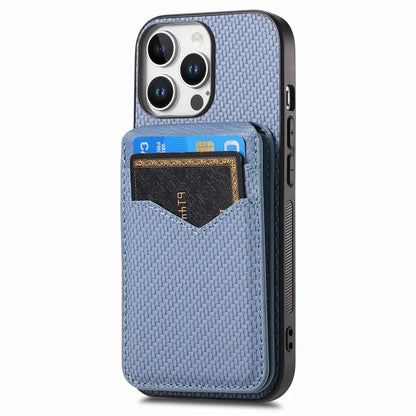 For iPhone 16 Pro Max Case Carbon Fiber Texture Leather+TPU Kickstand Phone Cover Detachable Card Holder