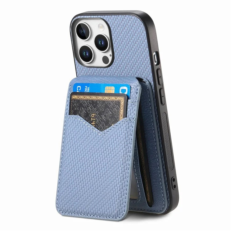 For iPhone 16 Pro Max Case Carbon Fiber Texture Leather+TPU Kickstand Phone Cover Detachable Card Holder