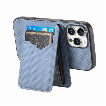 For iPhone 16 Pro Max Case Carbon Fiber Texture Leather+TPU Kickstand Phone Cover Detachable Card Holder