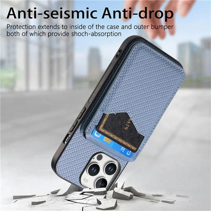 For iPhone 16 Pro Max Case Carbon Fiber Texture Leather+TPU Kickstand Phone Cover Detachable Card Holder