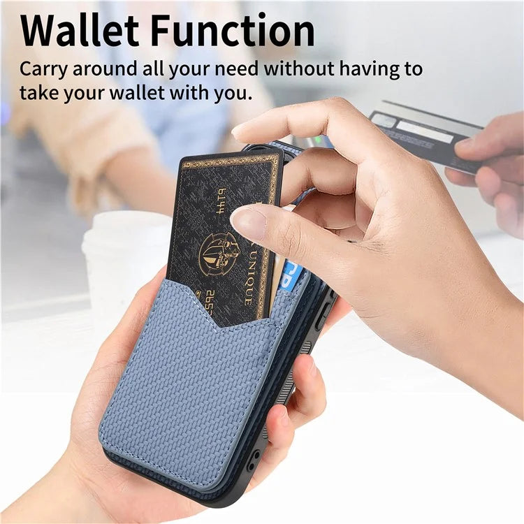 For iPhone 16 Pro Max Case Carbon Fiber Texture Leather+TPU Kickstand Phone Cover Detachable Card Holder