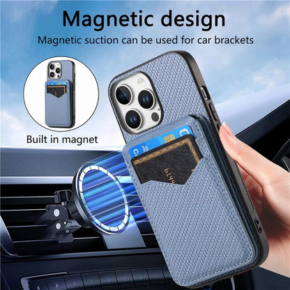 For iPhone 16 Pro Max Case Carbon Fiber Texture Leather+TPU Kickstand Phone Cover Detachable Card Holder