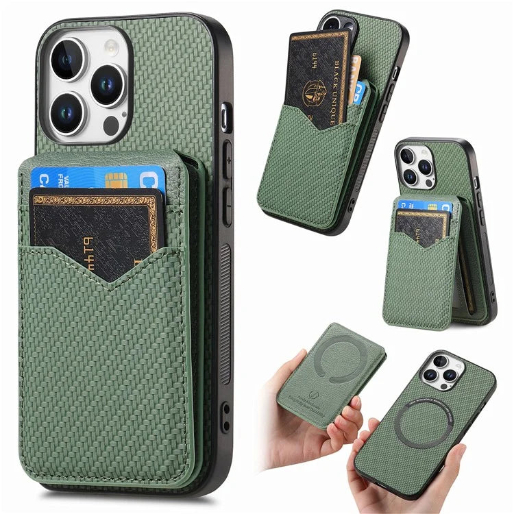 For iPhone 16 Pro Max Case Carbon Fiber Texture Leather+TPU Kickstand Phone Cover Detachable Card Holder