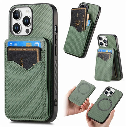 For iPhone 16 Pro Max Case Carbon Fiber Texture Leather+TPU Kickstand Phone Cover Detachable Card Holder