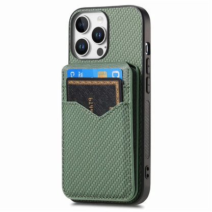 For iPhone 16 Pro Max Case Carbon Fiber Texture Leather+TPU Kickstand Phone Cover Detachable Card Holder