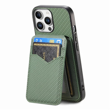 For iPhone 16 Pro Max Case Carbon Fiber Texture Leather+TPU Kickstand Phone Cover Detachable Card Holder