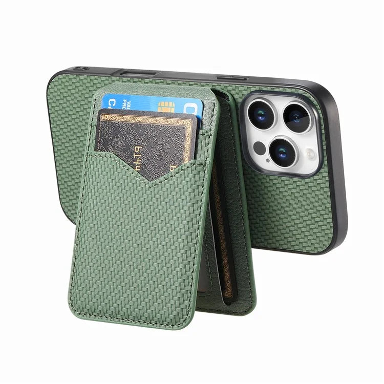For iPhone 16 Pro Max Case Carbon Fiber Texture Leather+TPU Kickstand Phone Cover Detachable Card Holder