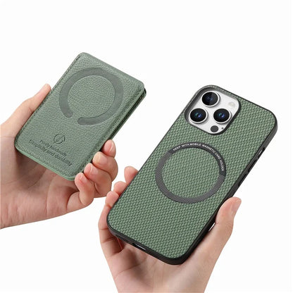 For iPhone 16 Pro Max Case Carbon Fiber Texture Leather+TPU Kickstand Phone Cover Detachable Card Holder