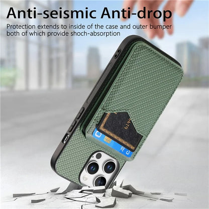 For iPhone 16 Pro Max Case Carbon Fiber Texture Leather+TPU Kickstand Phone Cover Detachable Card Holder