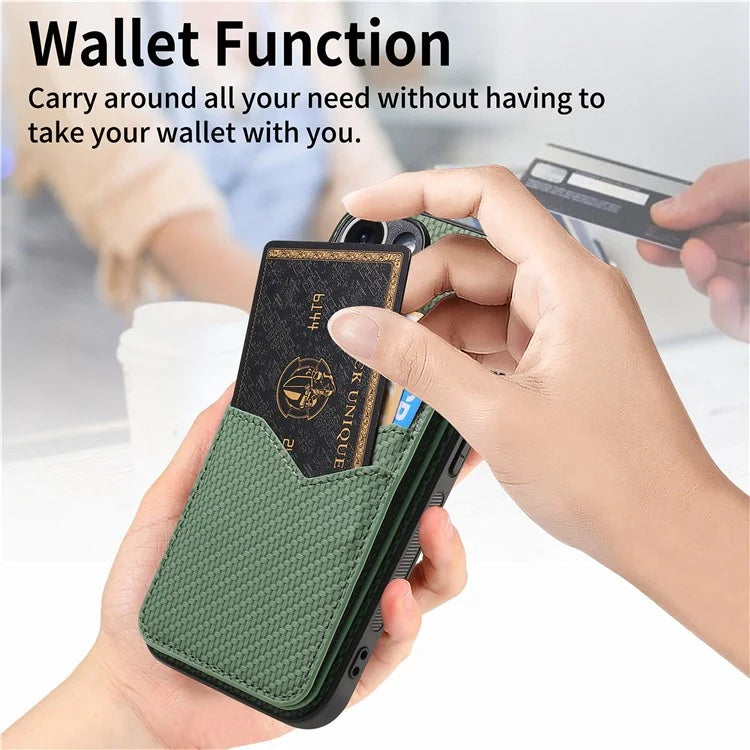 For iPhone 16 Pro Max Case Carbon Fiber Texture Leather+TPU Kickstand Phone Cover Detachable Card Holder