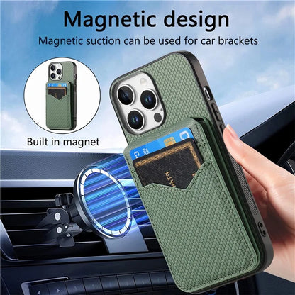 For iPhone 16 Pro Max Case Carbon Fiber Texture Leather+TPU Kickstand Phone Cover Detachable Card Holder