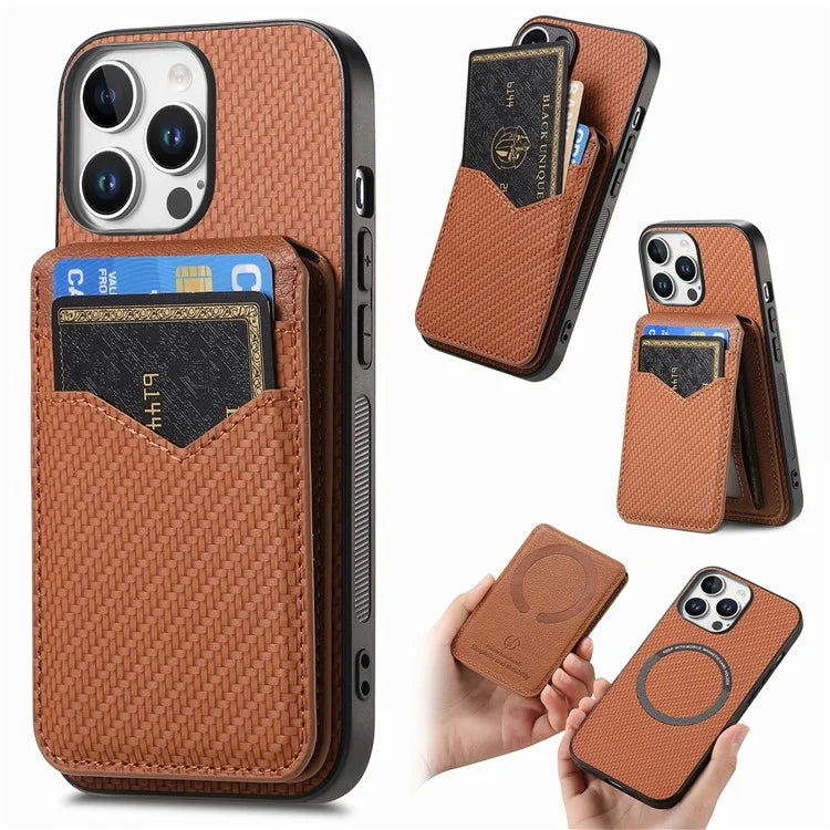 For iPhone 16 Pro Max Case Carbon Fiber Texture Leather+TPU Kickstand Phone Cover Detachable Card Holder