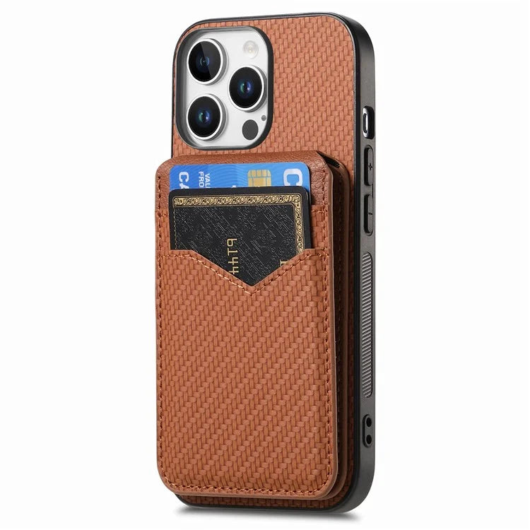 For iPhone 16 Pro Max Case Carbon Fiber Texture Leather+TPU Kickstand Phone Cover Detachable Card Holder