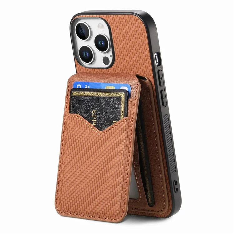 For iPhone 16 Pro Max Case Carbon Fiber Texture Leather+TPU Kickstand Phone Cover Detachable Card Holder